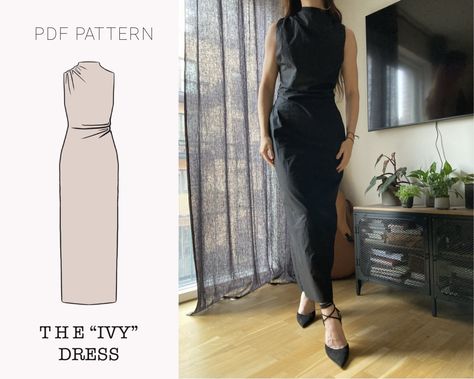 The ivy Dress Draped High Neck Sleeveless Dress PDF Sewing Pattern - Etsy Draped Dress Sewing Pattern, High Neck Dress Pattern, Robe Sewing Pattern, Maxi Dress Sewing Pattern, High Neck Sleeveless Dress, Midi Dress Pattern, Ivy Dress, High Waist Long Skirt, Dress Patterns Free