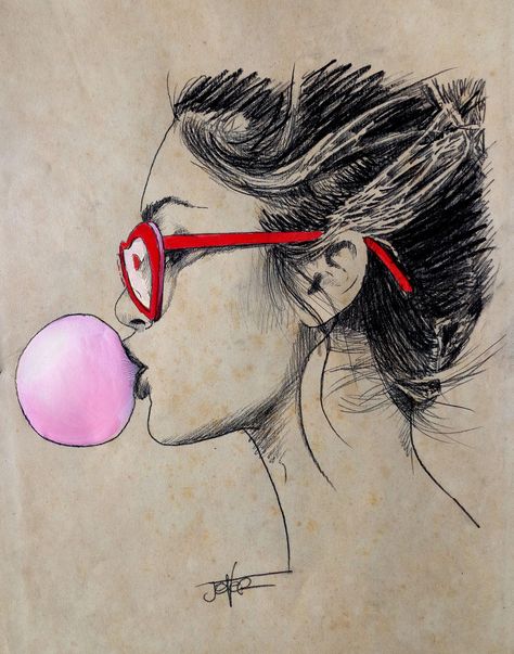 Bubblegum Art Blowing Bubbles, Loui Jover Art, Blowing Bubble Gum, Bubble Drawing, Loui Jover, Blue Picture Frames, Bubble Art, Blowing Bubbles, Old Book Pages