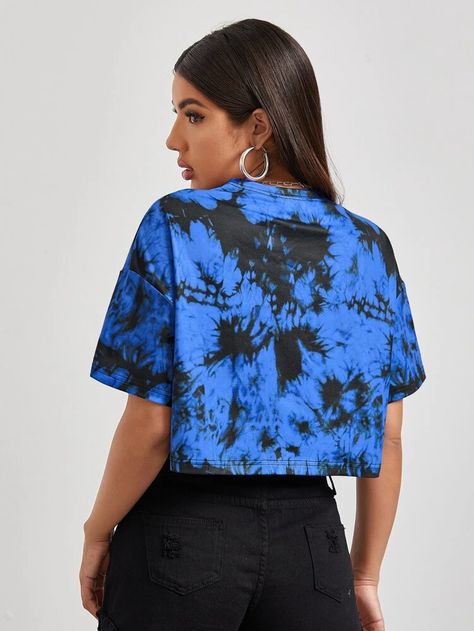 SHEIN Drop Shoulder Tie Dye Crop Tee | SHEIN EUR Tops Graphic, Plain Black, Crop Tee, Cotton Spandex, Drop Shoulder, One Shoulder Blouse, Womens Tees, Bell Sleeve Top, Abstract Painting