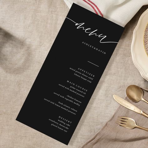 Black Minimalist Wedding, 35 Birthday, Rustic Wedding Menu, Wedding Table Menus, Elegant Wedding Menu, Menu Table, Simple Calligraphy, Menu Simple, Black Calligraphy