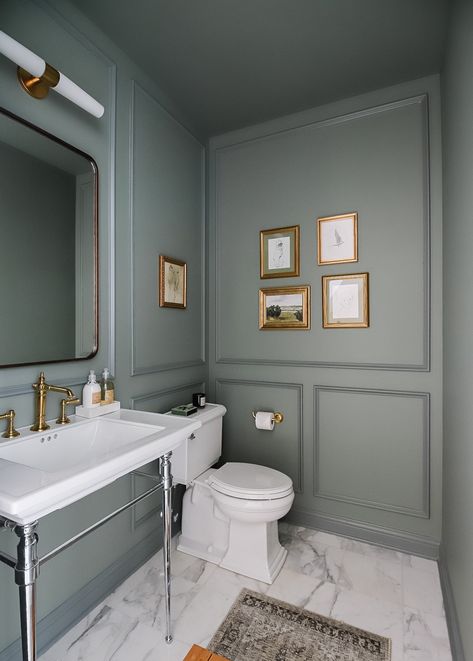 Creating A Moody Powder Bathroom: Progress Photos & A Mini Reveal! - Timeless Blue Bathroom, Blue French Bathroom Ideas, Not White Bathroom, Historical Tiles Bathroom, Intrigue Benjamin Moore Bathroom, Bm Atmospheric Paint, Tan Brown Bathroom Ideas, Cape Cod Powder Room, Bedroom Walls And Trim Same Color