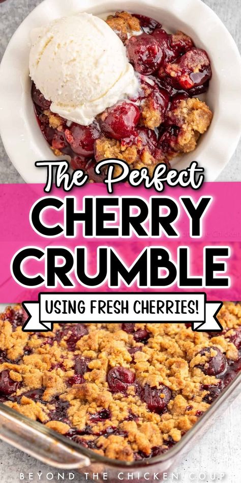 This cherry crumble is a delicious dessert made with fresh cherries. This Cherry Crumble is an easy-to-make dessert that highlights fresh summer cherries. You can make it with Bing cherries or other sweet cherries. This cherry crumble makes a perfect summertime dessert. The filling is all cherry with a bit of sugar for sweetness, and the topping is a simple crumble that is mixed together and then literally crumbled over the top. Save this dessert recipe for summer. Fresh Cherry Crisp Recipe, Bing Cherries Recipes, Sweet Dark Cherry Recipes, Cherry Crisp With Frozen Cherries, Bing Cherry Recipes, Cherry Desserts Easy, Desserts With Cherries, Fresh Cherry Desserts, Cherry Recipes Easy