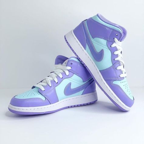 Air Jordan 1 Purple Aqua,Purple Aqua Jordan 1 Purple White Jordans For Women, Air Jordan 1 Mid Purple, Jordan 1 Mid Purple, Cute Jordans, Nike Jordans, Branded Shoes For Men, Nike Fashion Shoes, Rainbow Shoes, Preppy Shoes