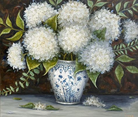 Cathy Lewis Paintings White Floral Painting, Hydrangeas Art, Hydrangea Painting, Wildflower Paintings, Hydrangea Print, White Jar, Floral Oil Paintings, Mural Floral, Antique Decor