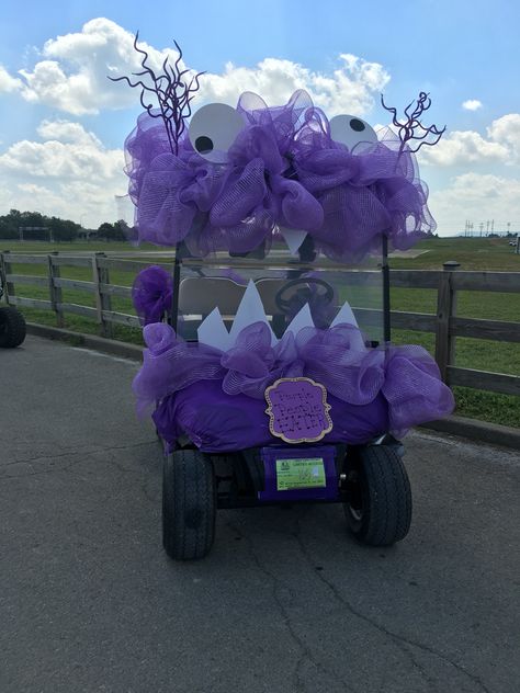 Purple People Eater Golf Cart Decorating Golf Carts Ideas, Decorating Golf Cart For Halloween, Golfcart Decorations Halloween, Witches Ride Golf Cart, Halloween Golf Cart Decorations Ideas, Golf Cart Decorating Ideas Parade Floats, Golf Cart Halloween Decorations, Halloween Decorated Golf Carts, Halloween Golf Cart Decorations