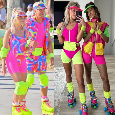 Batbie and ken skating scene Halloween costume 2023 Barbie Dance Outfit, Sport Costume For Women, Roller Skate Barbie Costume, 70s Workout Costume, Halloween Sports Costumes, 80 Style Outfits Party, 80s Exercise Outfit, 80s Fitness Costume, Fitness Barbie Costume