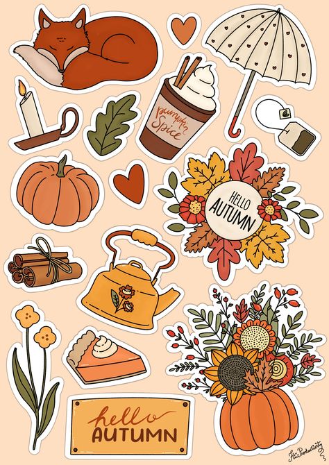 Autumn Doodles, Collage Pieces, Scrapbook Stickers Printable, Autumn Stickers, Digital Stickers, Bullet Journal Ideas Pages, Halloween Stickers, Diy Stickers, Aesthetic Stickers