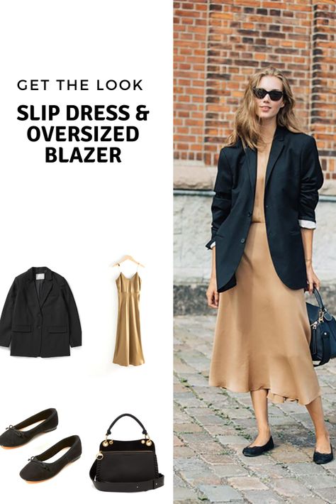 Get the look: slip dress and oversized blazer - Cheryl Shops Navy Blazer With Dress, Blazers Over Dresses, Slip Dress And Blazer, Oversized Blazer With Skirt, Dress And Oversized Blazer, Slip Dress Blazer Outfit, Dress With Oversized Blazer, Oversized Blazer Dress Outfit, Oversized Blazer With Dress