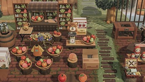 Animal Crossing Fruit Shop created by animalcrossertegan from Instagram #acnh #animalcrossingnewhorizons #animalcrossing Animal Crossing Shop Ideas, Acnh Farmers Market, Animal Crossing Fruit, Acnh Farmcore, Acnh Farm, Cottagecore Ideas, Cottagecore Animal Crossing, Acnh Cottagecore, Animal Crossing 3ds