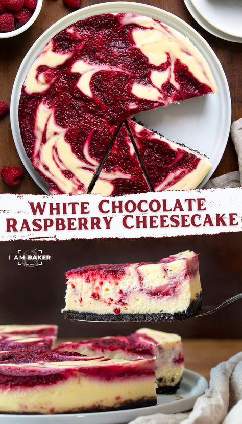 White Chocolate Raspberry Cheesecake is a creamy white chocolate cheesecake with swirls of raspberry sauce, all baked on top of an Oreo cookie crust. It is as good, if not better than the cheesecake served at Olive Garden restaurants! It is the perfect blend of raspberry tartness and white chocolate richness in every indulgent bite. Chocolate Strawberry Cheesecake, White Chocolate Raspberry Cheesecake, Chocolate Raspberry Cheesecake, Oreo Cookie Crust, Coconut Cheesecake, Delish Desserts, Cream Cheesecake, White Chocolate Cheesecake, Cake Cheesecake