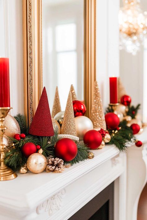 25+ Christmas Mantle Decor Red Green Gold for a Traditional Holiday Red Gold And Green Christmas Decorations, Decor Mantle Ideas, Red Gold Christmas Decor, Red White Gold Christmas, Red And Gold Christmas Decor, Christmas Decor Mantle, Winter Mantle Decor, Tea Christmas, Green Christmas Decorations