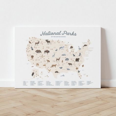 Neutral National Parks Map Woodland Nursery Canvas - U.S.A Gift National Park Room, National Park Nursery, Nursery Decor Woodland, Natural Nursery, Nursery Canvas, Woodland Nursery Theme, National Parks Map, Nursery Poster, Nursery Inspo