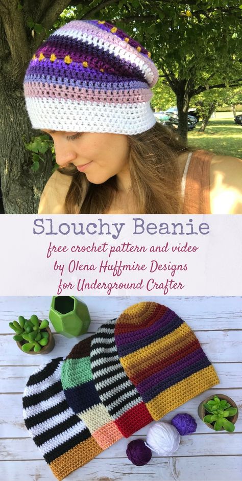 Free crochet pattern: Slouchy Beanie with video by Olena Huffmire Designs for Underground Crafter Slouchy Crochet Beanie, Slouchy Beanie Crochet Pattern Free, Crochet Slouchy Hat Free Pattern, Loose Beanie, Slouchy Hat Crochet Pattern, Beanie Slouchy, Amigurumi Giraffe, Crochet Slouchy Beanie, Crochet Slouch Hat