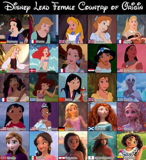 Fairytale Characters List, All Of The Disney Princesses Together, Disney Princess Countries, All The Disney Princesses Together, Disney Characters List, Disney Princesses List, Female Characters Movie, List Of Disney Princesses, Disney Character Halloween Costumes