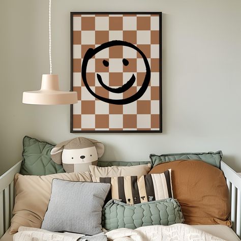 Checkerboard Smiley Face Digital Print, Nursery Decor, Playroom Decor, Toddler Room Print, Kids Wall Art, Brown. WHY PRINTABLE WALL ART? Printable wall art is a simple and affordable way to instantly customise those 'little blank spaces' in your home -- plus they also make a wonderful gift for friends and family. HOW DOES IT WORK? After the checkout process, you will receive an email that your payment has been processed. it will include a link to your download. Alternatively, to access your flie Smiley Face Room Decor, Checkered Theme Nursery, Checkered Baby Nursery, Neutral Checkered Nursery, Smiley Face Wall Art, Boy Nursery Wall Art Checkers, Art Brown, Kids Wall Art, Playroom Decor