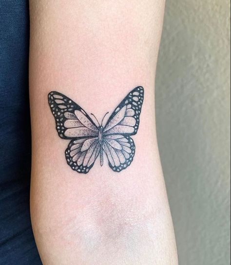 Artist - @tattsbytrin (Instagram) #tattoo #butterfly #butterflytattoo #dotwork #linework Dotted Butterfly Tattoo, Dotwork Butterfly Tattoo, Dot Work Butterfly Tattoo, Linework Butterfly, Stippling Butterfly, Black Line Butterfly Tattoo, Line Work Butterfly Tattoo, Spotted Butterfly Tattoo, Simple Forearm Tattoos