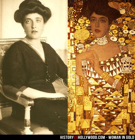 Adele Bloch-Bauer and Gustav Klimt's "Portrait of Adele Bloch-Bauer I". See 'Woman in Gold: History vs. Hollywood' - http://www.historyvshollywood.com/reelfaces/woman-in-gold/ Gustav Klimt Adele Bloch Bauer, Woman In Gold Painting, Woman In Gold Movie, Adele Klimt, Secession Art, Adele Bloch Bauer, Gold Movie, Gustav Klimt Art, Klimt Paintings