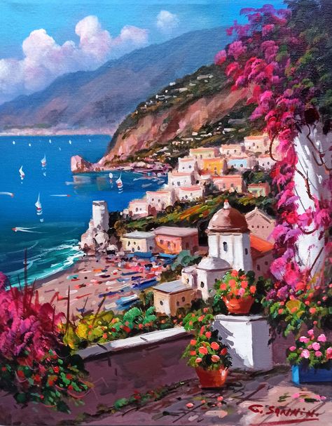 Positano Painting, Italy Paintings, Mediterranean Paintings, Tuscany Landscape, Italian Paintings, Italy Landscape, Italy Painting, Impressionist Landscape, Italian Painters