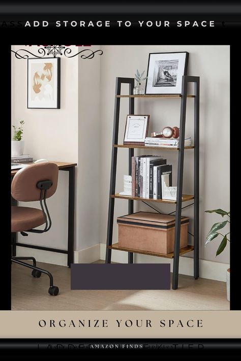 4 TIER BOOKCASE WITH STEEL BLACK FRAME Shelves With Books, Ladder Shelf Decor, Living Room Stand, Industrial Storage Racks, Steel Decor, Industrial Style Bedroom, Amazon Furniture, Ladder Shelves, Frame For Living Room