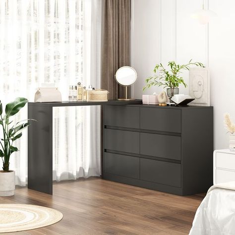 PRICES MAY VARY. L-shape Design - This dressing table features L-shaped design, maximizing storage while optimizing space in your bedroom or dressing room. The desktop can align with drawer top to function as a 6 drawer dresser. It can also extend to a maximum length of 98.4 inches (51.2" + 47.2"). Clean lines and space-saving design highlight modern appeal, which is suitable for most home decors. Plenty of Storage - The spacious desktop provides ample space for makeup and storing often-used ite Dresser With Desk Attached, Vanity Dresser Ideas, L Shaped Dressing Table, Vanity And Work Desk Combo, Desk And Dresser Combo, Desk Vanity Combo, Desk/vanity Combo, Dressing Room Black, Desk Dresser Combo