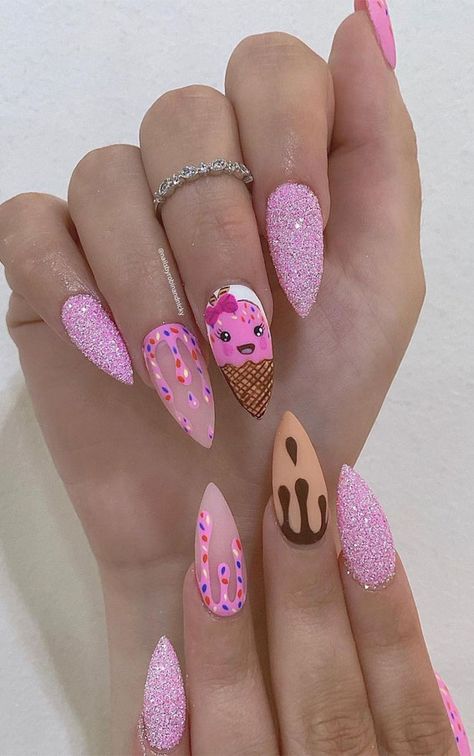 Acrylic Long Nails, Acrylic ombre nails, Acrylic Summer Nails, Summer Nails, Nail Art Designs Cute Nails Acrylic, Nails Acrylic Summer, Christmas Nails Glitter, Sprinkle Nails, Cream Nail Art, Ice Cream Nails, Cream Nail, Cute Christmas Nails, Happy Nails