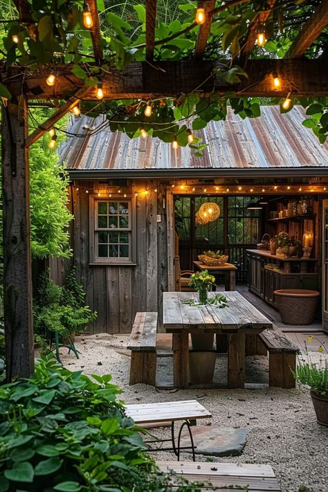 Backyard Tiny House Ideas, Tiny Shed Interior, Cozy Stone House, Backyard Cabin Ideas, Outdoor Cabin Ideas, Outdoor Shelter Ideas Backyards, Outdoor Bar Shed Ideas, Tiny Homestead Ideas, Outdoor Cottage Ideas