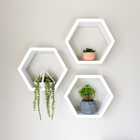 Hexagon Floating Shelves, Hexagon Wall Shelf, Wooden Box Designs, Honeycomb Shelves, Geometric Shelves, Floating Shelves Bathroom, Hexagon Shelves, Unique Shelves, Deep Shelves