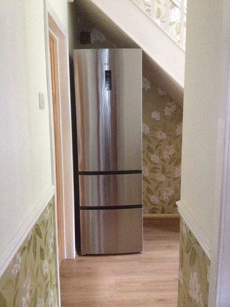 Fridge Freezer Under Stairs, Lodge Staircase, Fridge Under Stairs, New Fridge, Under The Stairs, Fridge Freezer, Fridge Freezers, Kitchen Reno, Under Stairs