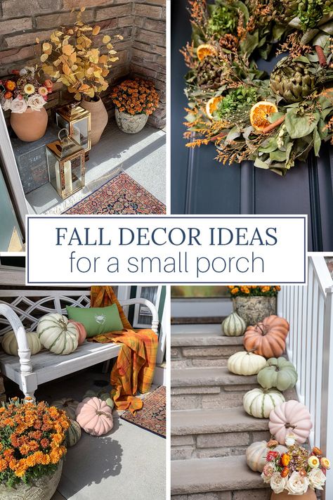 Want to add fall porch decor to your tiny entry? These small porch ideas will provide a warm welcome to your Thanksgiving guests. Small Fall Porch, Modern French Farmhouse Decor, Fall Porch Ideas, Small Porch Ideas, Porch Fall Decor, French Farmhouse Kitchen, Thanksgiving Entertaining, Small Porch, Fall Porch Decor