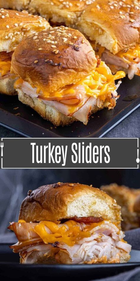 This recipe for turkey sliders from Home. Made. Interest. is made with turkey, bacon, melty cheese, and chipotle mayo on a toasted bun that fits in the palm of your hand. This easy-baked slider recipe is the perfect party food! They are so easy to put together and taste delicious! Easy Baked Turkey, Sliders Recipes Turkey, Toasted Turkey, Recipe For Turkey, Easy Slider Recipes, Best Easy Dinner Recipes, Turkey Sliders, Slider Sandwiches, Bite Size Food