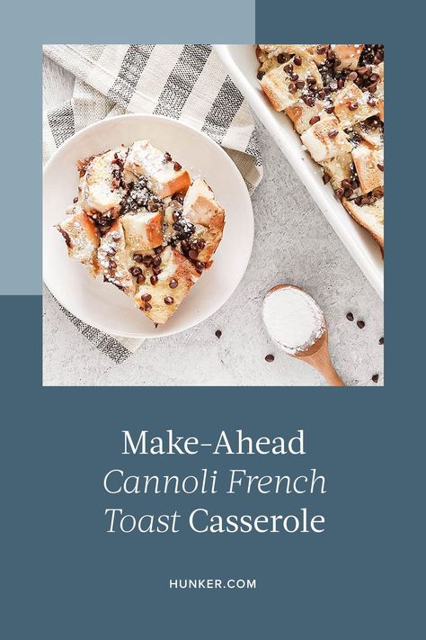 If you're looking for something to please your sweet tooth, you'll want to try this cannoli French toast version. #hunkerhome #frenchtoast #frenchtoastrecipe #breakfastrecipe Cannoli French Toast, French Toast Casserole Recipe, Cannoli Filling, Ricotta Filling, Cannoli Recipe, Homemade Baked Bread, French Toast Casserole Recipes, Stale Bread, French Toast Bake