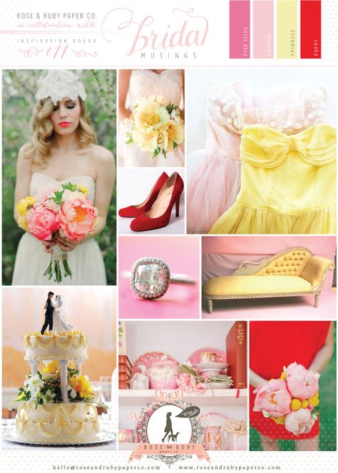 Poppy, Pink and Primrose Yellow Wedding Inspiration Board Inspiration Boards Ideas, Pink Yellow Weddings, Yellow Wedding Colors, Yellow Wedding Inspiration, Primrose Yellow, Wedding Colors Red, Best Wedding Colors, Boards Ideas, Pink Wedding Inspiration