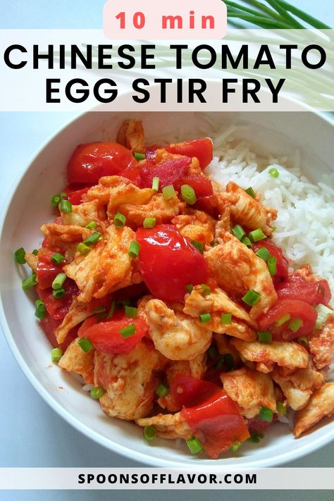 Image showing stir fried tomato egg served over steam rice. Tomato Egg Chinese, Tomato Stir Fry, Boiled Egg Sandwich, Egg Stir Fry, Egg Tomato, Egg Sandwich Recipe, Tomato Egg, Recipes With Chicken And Peppers, One Pan Meal