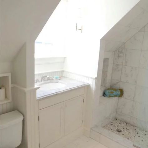 Small Ensuite Ideas Sloping Roof, Bathroom Dormer Window, Dormer Bathroom Addition, Shower In Dormer Window, Low Ceiling Attic Bathroom, Bathroom With Dormer Window, Shed Dormer Bathroom, Bathroom Under Eaves, Dormer Bathroom Ideas