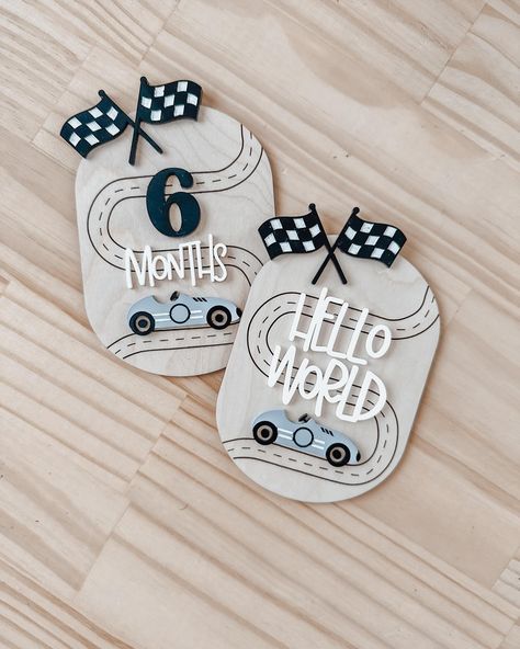 Aren’t these just so cute! Tag a friend who needs these for their baby! 😍🚙✨ Picture Boy, Car Nursery, Laser Cut Decor, Monthly Baby Pictures, Boy Sign, Laser Cut Wood Crafts, Laser Engraved Gifts, Monthly Baby, Laser Engraved Ideas