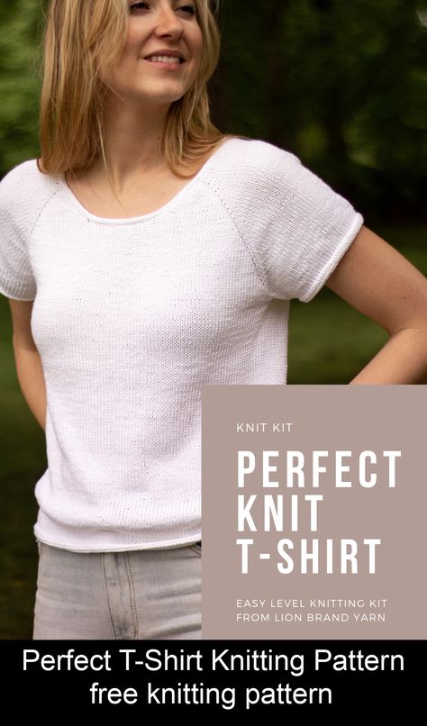 Originally Lovely is a place to build your own slow fashion, Me-Made Wardrobe! Check out the free Perfect T-Shirt Knitting Pattern! #knittingpatternsfree Short Sweaters For Women, Free Knitting Patterns For Women Sweater Cotton, Free Knit Tee Pattern, Lacy Knit Sweater Patterns, Easy Knit Shirt Pattern Free, Tshirt Yarn Knitting Patterns, Knitted Tee Shirt Patterns Free, Free Top Knitting Pattern, Knitted Top Patterns Free For Women