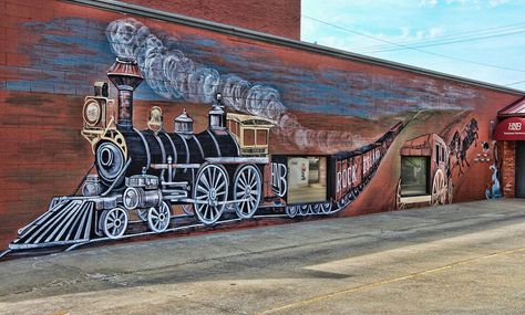 Mural on the wall at National Bank , Horton, KS.  Photo by Chris Harris Kansas Landmarks, Train Mural, Alley Way, Brick Art, United States Presidents, Mural Ideas, Wall Murals Painted, Train Art, Unusual Art