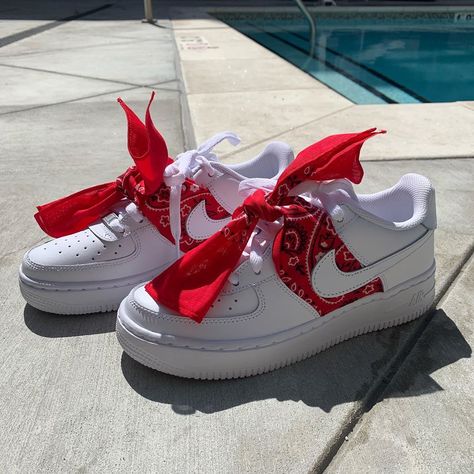 Now available ❤️ Red Bandana Air Force 1s Red Bandana Shoes, Bandana Shoes, Custom Bandana, Af1 Shoes, Tenis Vans, Custom Shoes Diy, Nike Shoes Air Force, White Nike Shoes, Jordan Shoes Girls