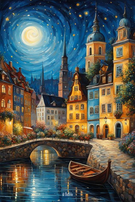 Dive into Fantasy: Mesmerizing Nocturnal Cityscapes Magical World Drawing, Fantasy World Painting, Magical World Art, Dreamlike Art, Whimsical Art Paintings, Dream Painting, Landscape Art Painting, Autumn Scenes, Van Gogh Art