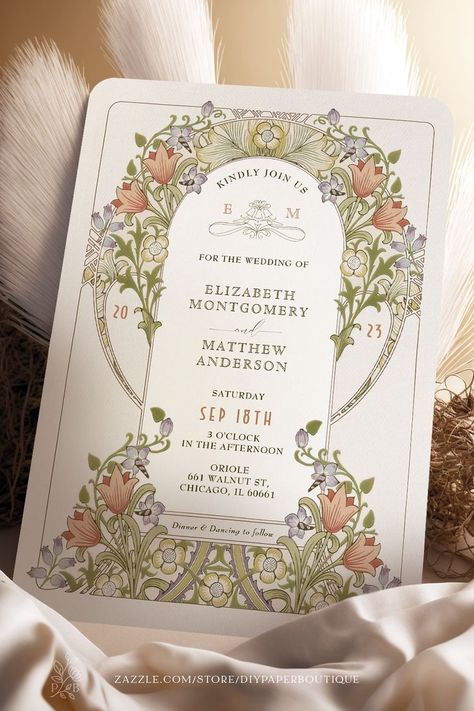 The pin shows an intricate art nouveau wedding invitation inspired by William Morris featuring a floral lily pattern. It is available on Zazzle by DIYPaperboutique. William Morris Wedding, Nouveau Wedding Invitations, Victorian Wedding Invitations, Art Deco Fonts, Nouveau Wedding, Art Nouveau Weddings, Wedding Invitation Card Design, Victorian Wedding, Anniversary Invitations