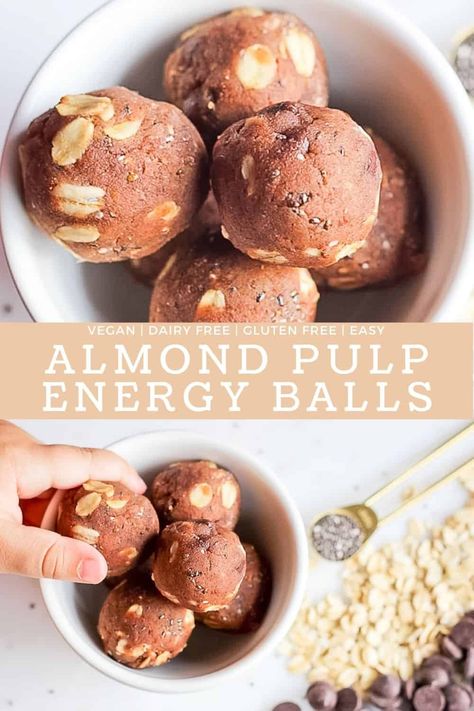 Almond Pulp Energy Balls are the perfect gluten free and vegan almond pulp recipe to use the pulp leftover from making homemade almond milk!  #finishedwithsalt #almondpulp #leftover #almond #energyballs #healthy #snack | finishedwithsalt.com Almond Pulp Protein Balls, Almond Pulp Energy Balls, Almond Pulp Recipes, Cow Recipes, Pulp Recipes, Almond Cow, Pulp Recipe, Salt Recipes, Almond Butter Recipes