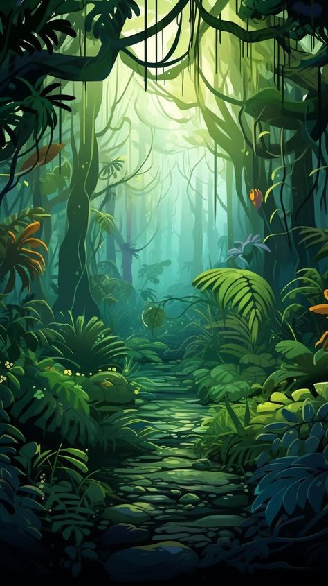 Explore the mysterious Jungle Depths with its dense foliage and tangled underbrush. Discover the beauty of nature and immerse yourself in the wild. #Jungle #Depths #DenseFoliage #Nature #Wilderness #ExploreTheWild #AdventuresInNature #IntoTheJungle #UntamedWilds #IntoTheWilds Jungle Background Drawing, Amazon Forest Illustration, Jungle Illustration Background, Jungle Background For Editing, Jungle Fantasy Art, Jungle Concept Art, Rainforest Drawing, Enchanted Jungle, Anime Jungle