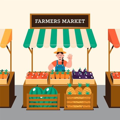 Flat design farmers market illustration | Free Vector #Freepik #freevector #farm-illustration #farm #countryside #agriculture-farming Farmers Market Illustration, Farmer Design, Market Illustration, Farm Illustration, Farmers Market Booth, Fruit Market, Agriculture Farming, Farm Market, Farm Stand