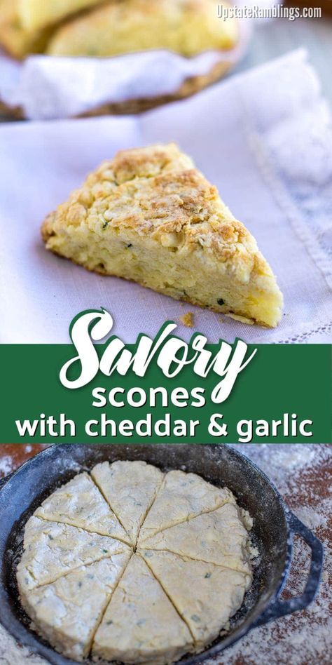 These savory scones with cheddar and garlic are a delicious addition to your next meal. Baked in a cast iron skillet they are garlicky and flaky and make an excellent side dish for a breakfast, brunch or a family dinner. Make savory scones instead of biscuits tonight! #scones #savoryscones #castironskillet Cheese And Chive Scones, Upstate Ramblings, Mini Tarts, Homemade Scones, Scones Easy, Savory Scones, Homemade Muffins, Quick Bread Recipes, Bacon Cheddar