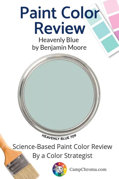 Need help choosing the right paint color? Click through to learn about the LRV, Hue, Value, and Chroma of Heavenly Blue. A non-subjective way to evaluate paint colors by a Color Strategist. Expert SCIENTIFIC Review of Heavenly Blue 709 by Benjamin Moore #CampChroma #ColorographyLab #paintcolor #bluepaint #heavenlyblue #colorstrategy #interiorpaint #interiordesign #perfectpaintcolor Benjamin Moore Heavenly Blue, Heavenly Blue Benjamin Moore, Blue Living Room Sets, Basement Staircase, Benjamin Moore Blue, Grandma Vibes, Split Complementary Colors, Blue Green Paints, Interior Design Help