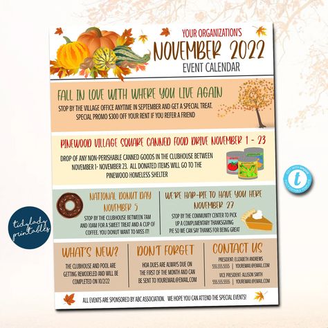 "NOVEMBER EVENTS PRINTABLE TEMPLATE  *ALL TEXT IS EDITABLE SO YOU CAN CREATE THIS TO SAY WHATEVER YOU WISH - TO CUSTOMIZE FOR YOUR SCHOOL OR ORGANIZATION! YOU CAN DELETE THE SMALL GRAPHICS AND ADD IN YOUR OWN (top halloween graphics are not editable)  *You can print and hand out at meetings, post on bulletin boards or save and upload the digital version to a website or as part of your email newsletter updates WANT THE FULL SET OF 12 MONTHLY SEASONAL NEWSLETTER TEMPLATES- FIND THE SET HERE: https November Pta Ideas, November Pta Events, Apartment Newsletter Ideas, Hoa Community Events, November Newsletter Ideas, Neighborhood Newsletter Ideas, November Events For Residents, October Resident Events, November Resident Events