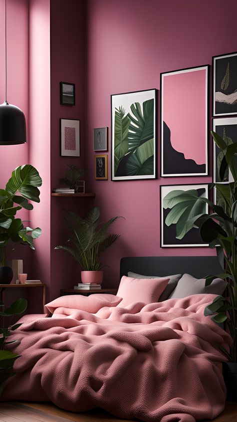 Pink Black Bedroom Aesthetic, Luxury Pink Bedroom, Adult Pink Bedroom, Black And Pink Bedroom, Bedroom Inspirations Pink, Quirky Bedroom, Burgundy Bedroom, Pink Accent Walls, Ultimate Bedroom