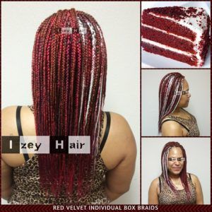 Food Inspired Hair Styles - Red Velvet Cake Individual Box Braids - Izey Hair - Las Vegas Individual Box Braids, Red Velvet Hair Color, Red Velvet Hair, Burgundy Box Braids, Senegalese Twist Crochet Hair, Black Box Braids, Individual Braids, Braids For Boys, Braid Inspiration