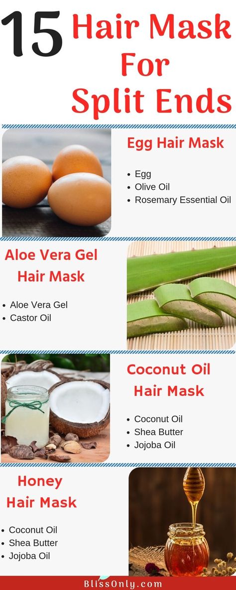 Split ends make your hair dry, dull and damaged. But with these hair masks, you can treat split ends. Most importantly these masks are completely natural and are very easy to make. Here I have shared recipes of coconut oil, aloe vera gel, egg, banana, and 11 other hair masks which are effective remedies for split ends. Learn how to get rid of split ends and get strong, soft and shiny hair. Hair Mask For Split Ends, Mask For Split Ends, Split End Hair Mask, Soft And Shiny Hair, Split Ends Repair, Egg Hair Mask, Honey Hair Mask, Egg For Hair, Split Ends Hair