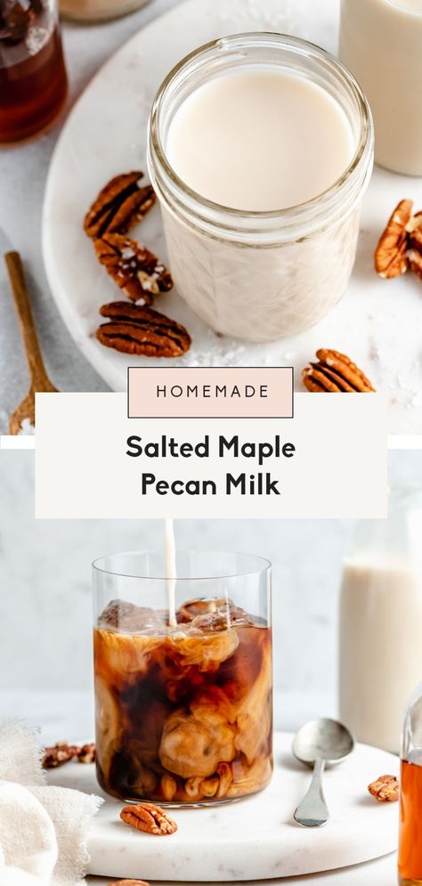 Incredible homemade pecan milk with rich, delicious flavors from a bit of pure maple syrup and salt! You'll LOVE this easy and delicious pecan milk recipe for coffee, smoothies and simply enjoying on its own. #pecans #pecanmilk #vegan #dairyfree Pecan Milk Recipe, Flavored Milk Recipes, Vegan Pecan Pie Bars, Almond Milk Creamer, Vegan Coffee Creamer, Nut Milk Recipe, Pecan Milk, Homemade Nut Milk, Flavored Nuts